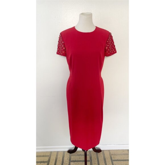 Escada Red Holiday Sheath Dress Beaded Sleeves - Picture 1 of 14